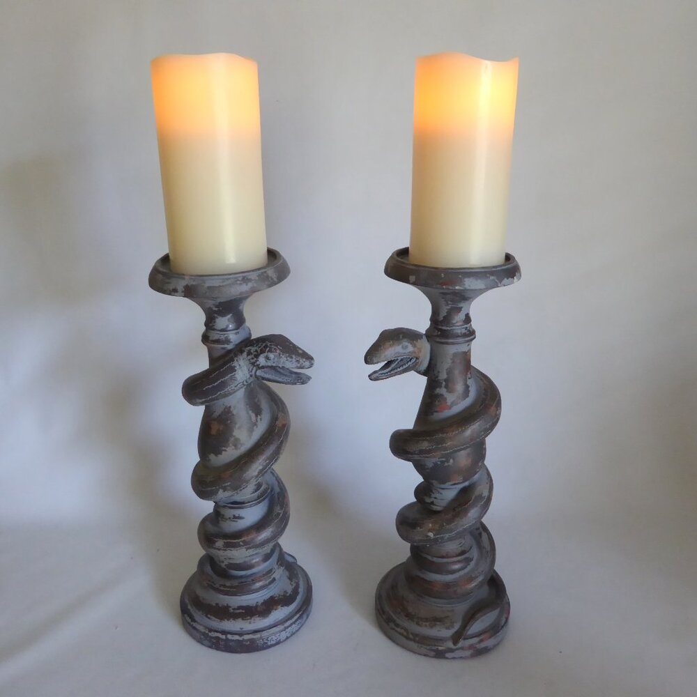 13.75” HOLIDAY BARN GOTHIC HALLOWEEN SERPENT COILED SNAKE CANDLE STICK HOLDERS